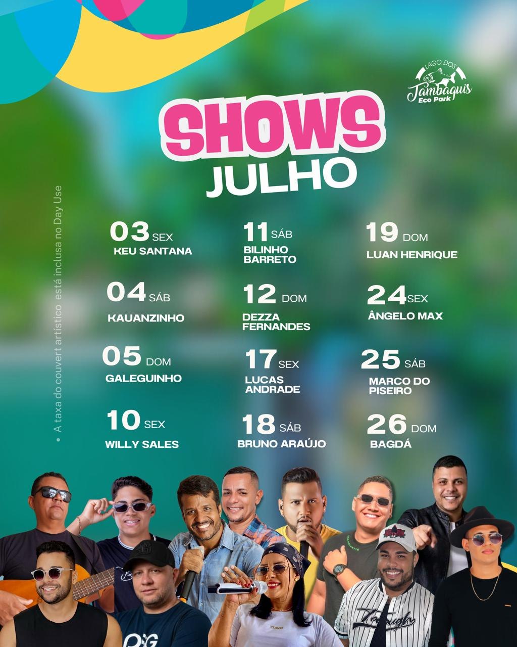 Programação de shows de julho do Lago dos Tambaquis Eco Park